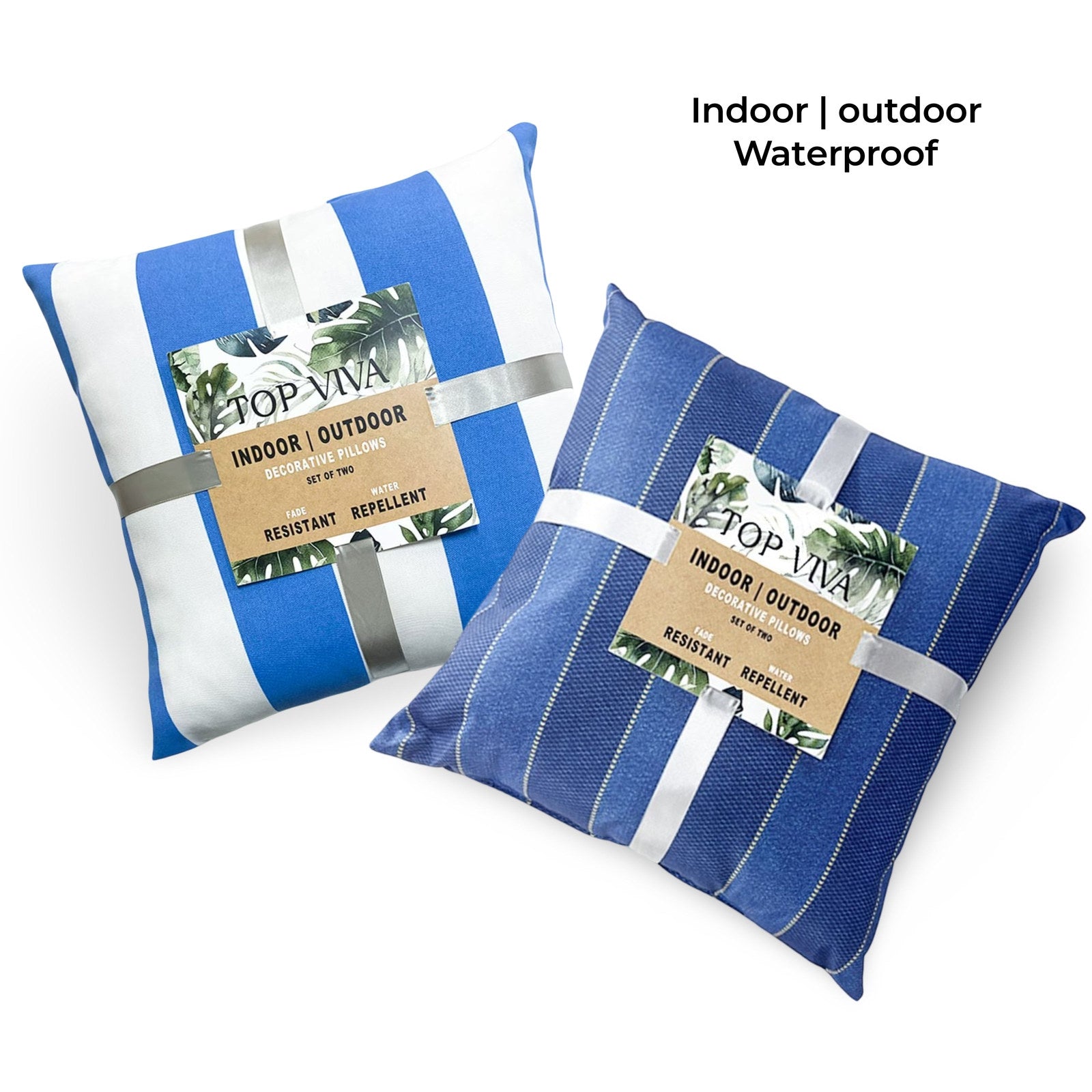 Blue Stripe Cushion Set 2 Indoor Outdoor Chair Pad 45cm - Polyester, PU Coat - SuperSaverAU - view 1
