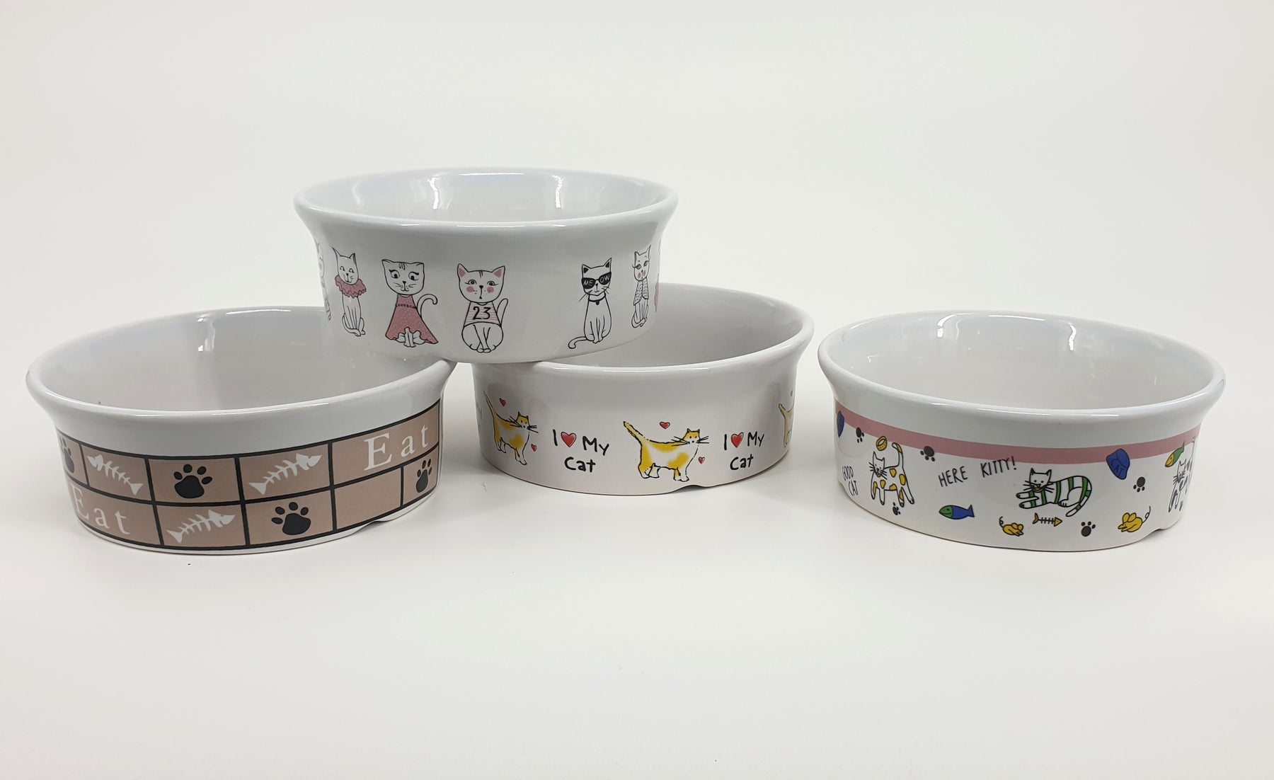 Ceramic Multi Colour Cat Bowls - 24 Pack, 12x4cm, 4 Designs - SuperSaverAU - view 1