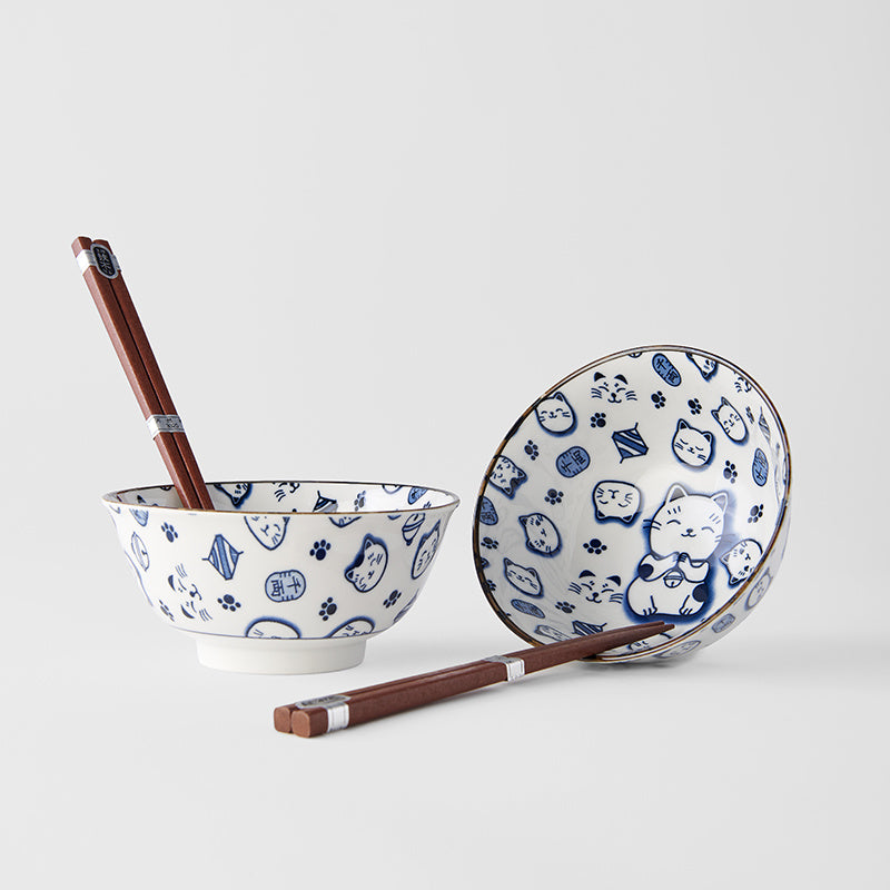 Premium Maneki Cat Bowl Set with Chopsticks Dishwasher Safe - Blue, 2pcs 400ml