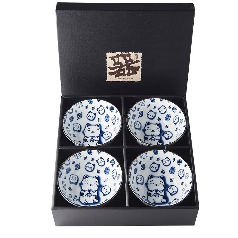 Premium Maneki Cat Ceramic Bowl Set Dishwasher Safe - Blue, 4pcs 350ml