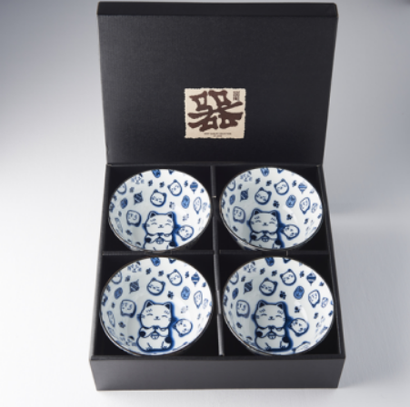 Premium Maneki Cat Ceramic Bowl Set Dishwasher Safe - Blue, 4pcs 350ml