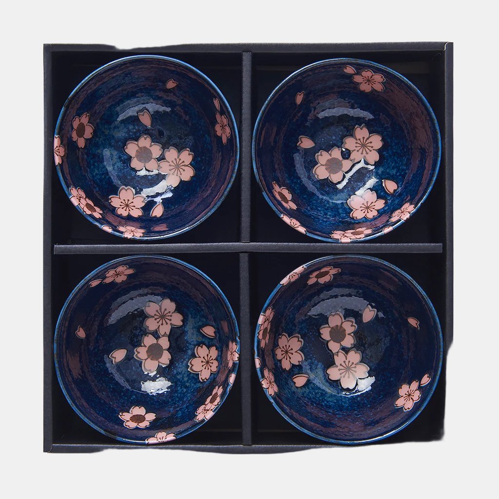 Premium Navy Pink Sakura Bowl Set – 4 Piece Ceramic Bowls, 200ml
