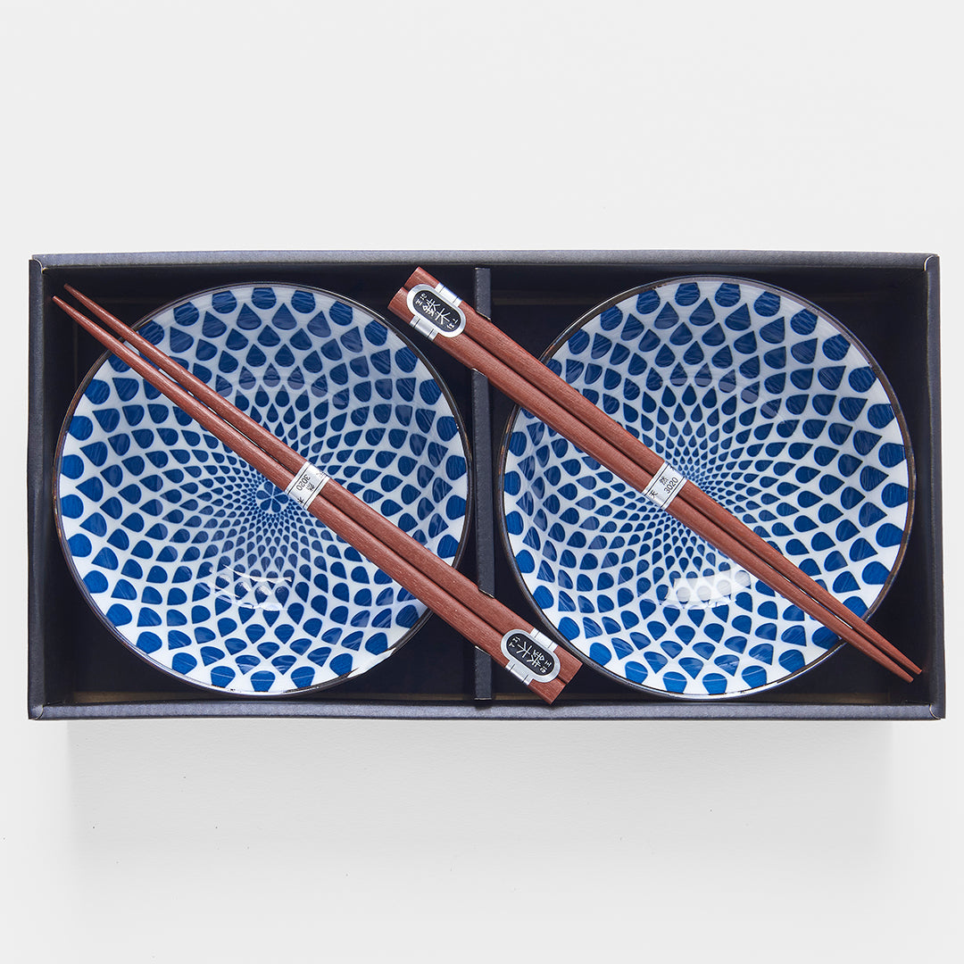 Premium Ceramic Bowl Set with Chopsticks – Blue Teardrops 400ml, 2 Piece