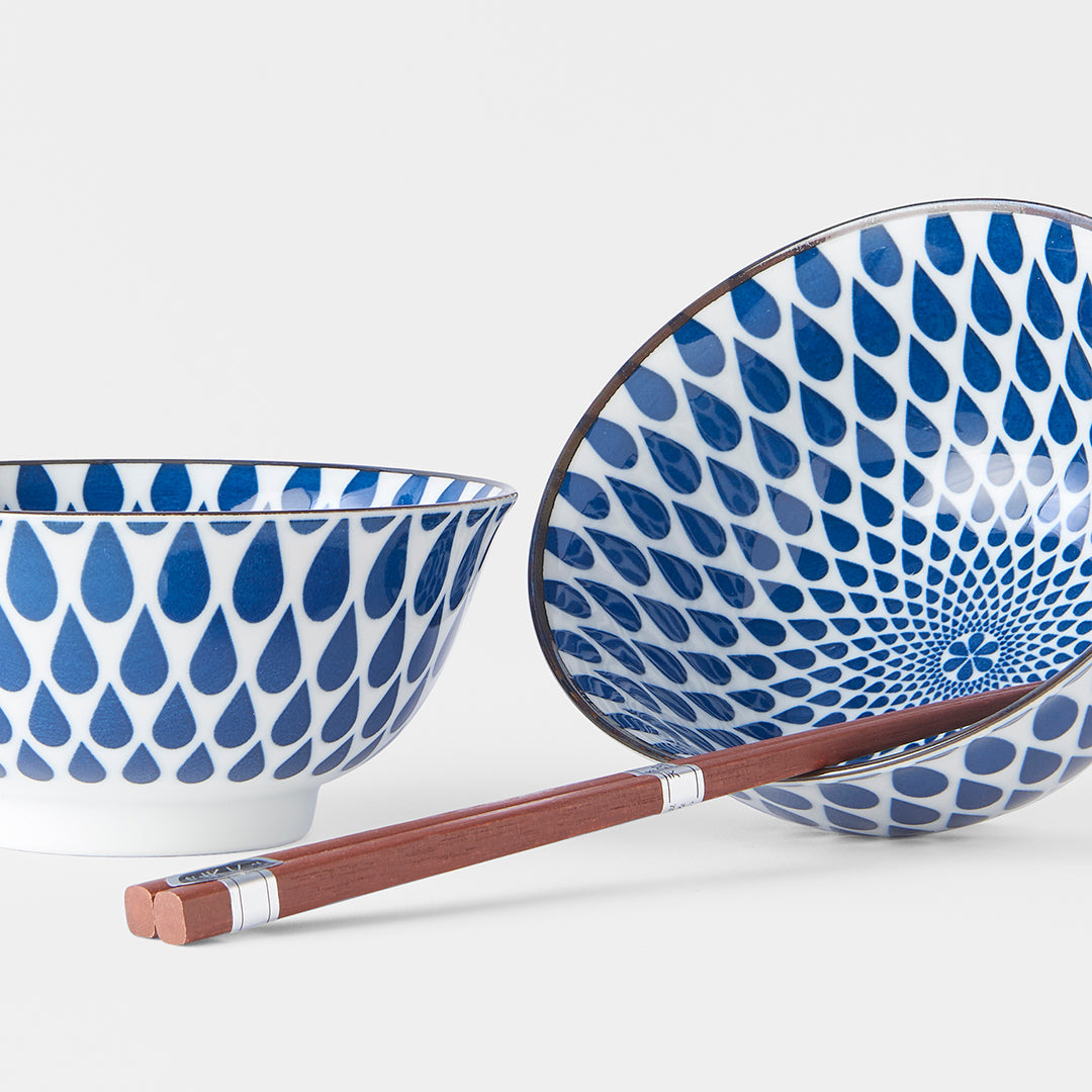 Premium Ceramic Bowl Set with Chopsticks – Blue Teardrops 400ml, 2 Piece