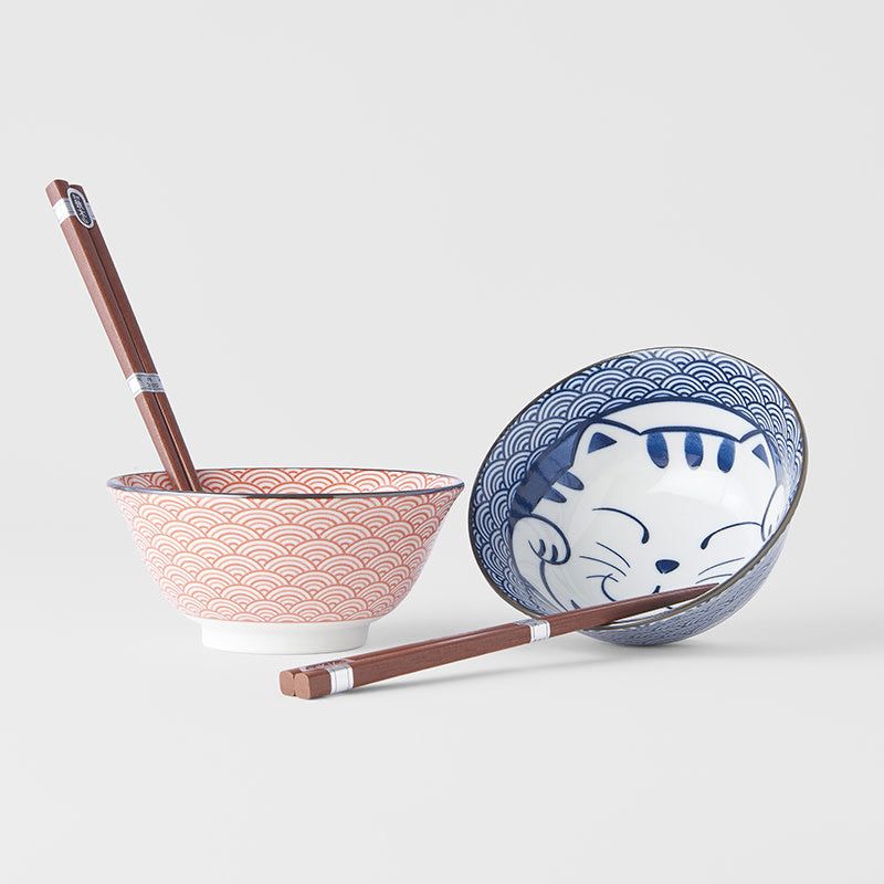 Bowl Set 2pcs with Chopsticks Red & Blue Cat Maneki Wave Design - SuperSaverAU - view 5
