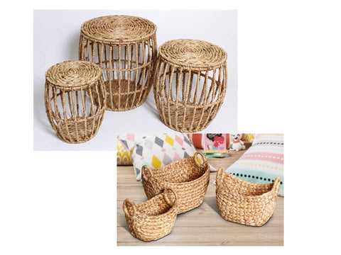 Water Hyacinth Garden Stool & Storage Baskets Set 6, 51x56x50 cm, Natural - SuperSaverAU - view 1