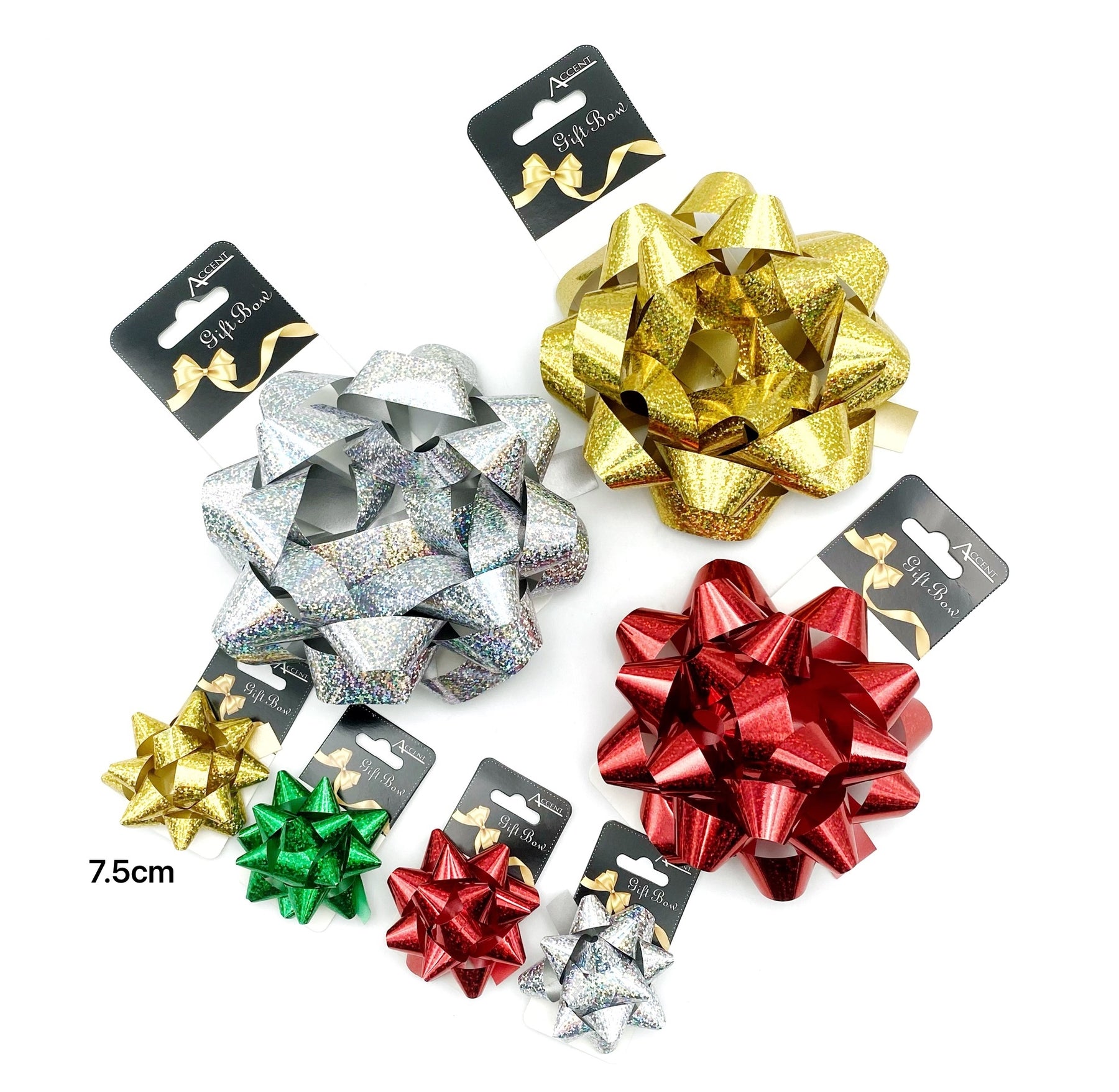 Holographic Gift Bow 7.5cm Assorted Colors - 24 Pack, Shiny Polypropylene - SuperSaverAU - view 1