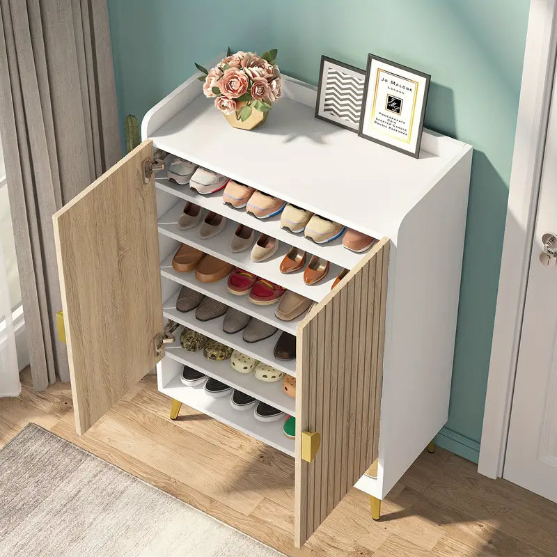 NNETMLT 7-Tier Shoe Storage Cabinet with Adjustable Shelves in Wood and Gold - SuperSaverAU - view 3