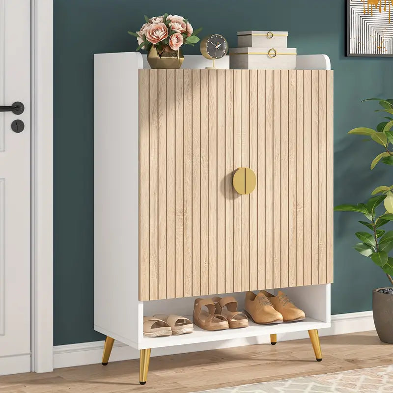 NNETMLT 7-Tier Shoe Storage Cabinet with Adjustable Shelves in Wood and Gold - SuperSaverAU - view 9