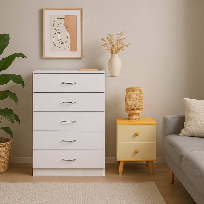 NNECN 5 Layer White Drawer Chest Storage with Bedside Table - SuperSaverAU - view 4