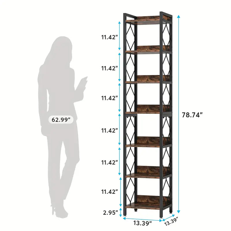 NNETMLT 78.7 Inch Extra Tall 7 Tier Skinny Bookcase in Rustic Brown - SuperSaverAU - view 2