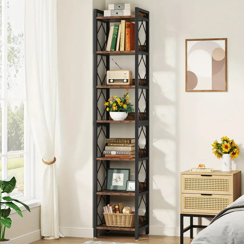 NNETMLT 78.7 Inch Extra Tall 7 Tier Skinny Bookcase in Rustic Brown - SuperSaverAU - view 4