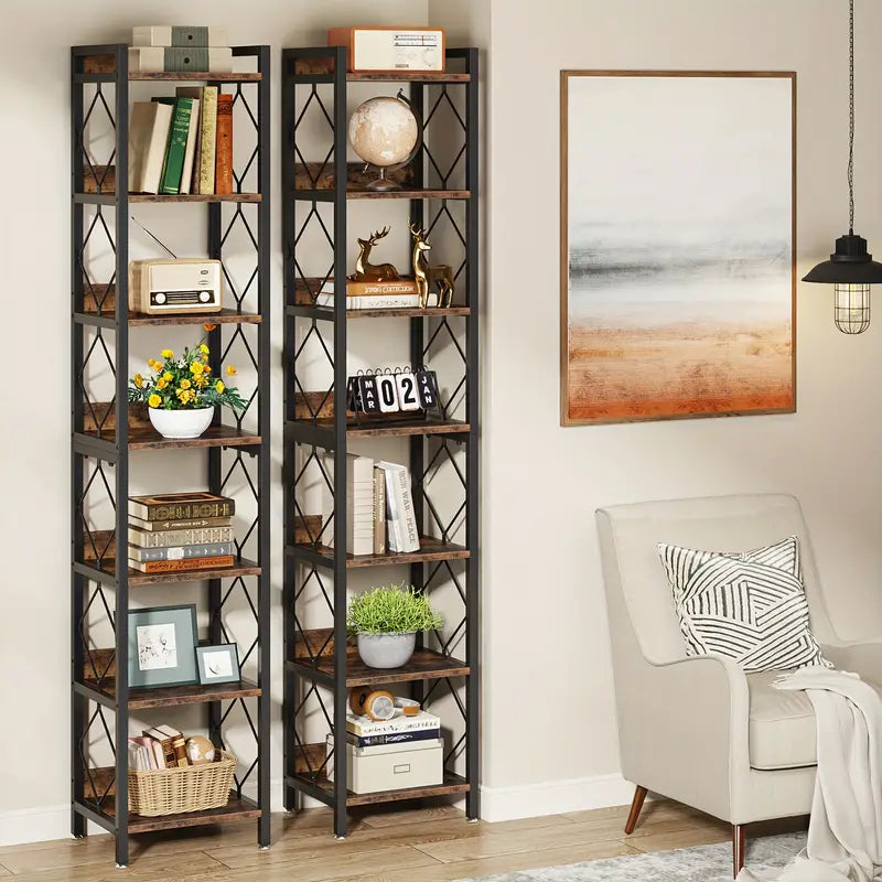NNETMLT 78.7 Inch Extra Tall 7 Tier Skinny Bookcase in Rustic Brown - SuperSaverAU - view 5