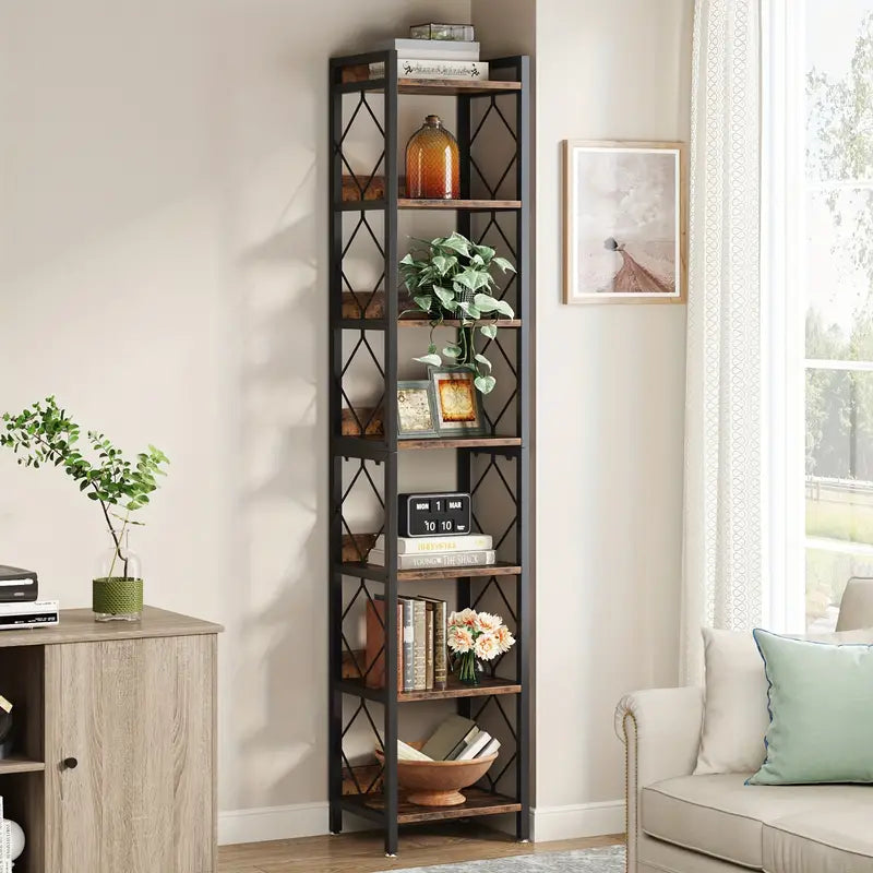 NNETMLT 78.7 Inch Extra Tall 7 Tier Skinny Bookcase in Rustic Brown - SuperSaverAU - view 6