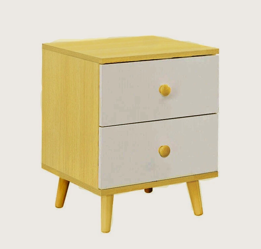 NNECN Wooden Bedside Cabinet with 2 Drawers - White & Pine - SuperSaverAU - view 2