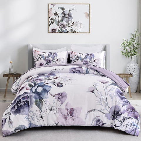 Premium Purple Floral 3 Piece Microfiber Comforter Set - King