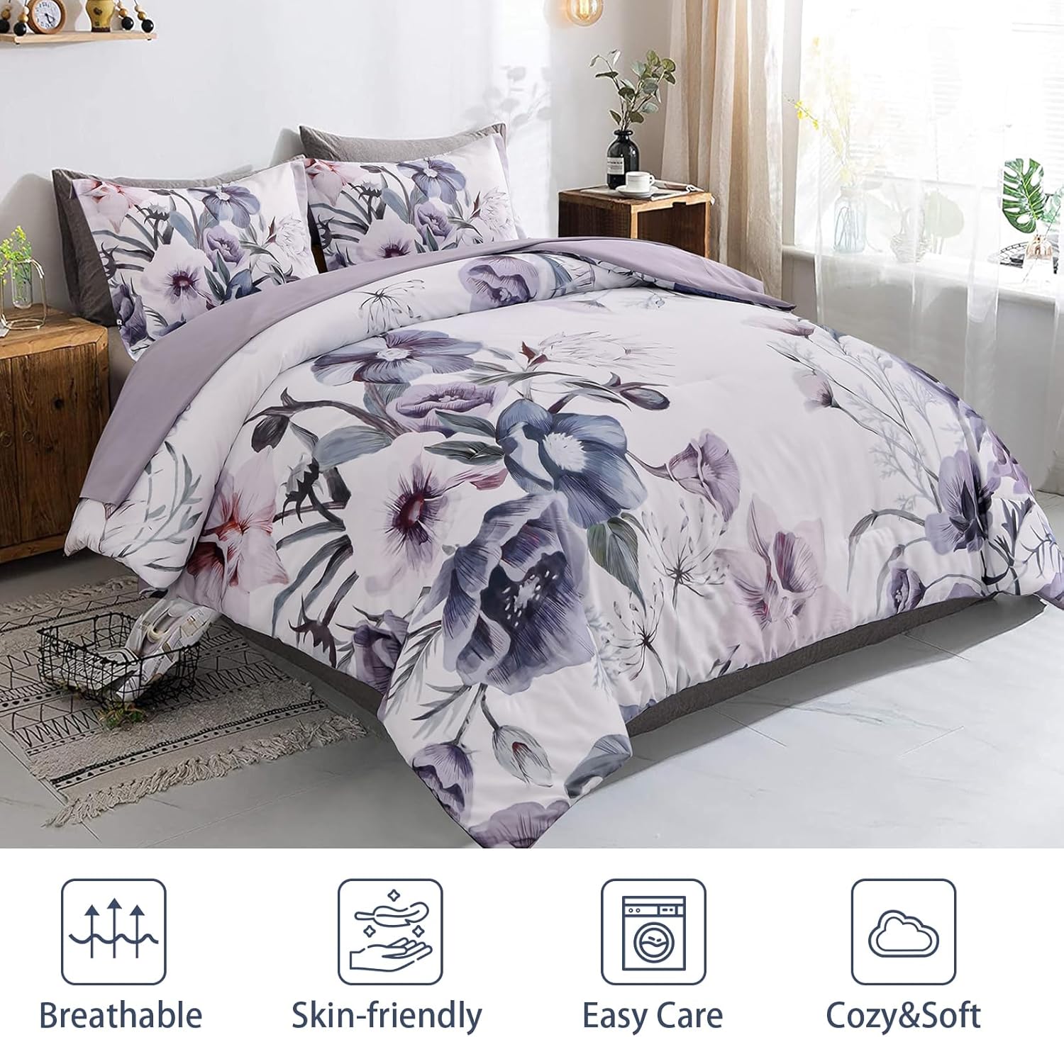 Premium Purple Floral 3 Piece Microfiber Comforter Set - King