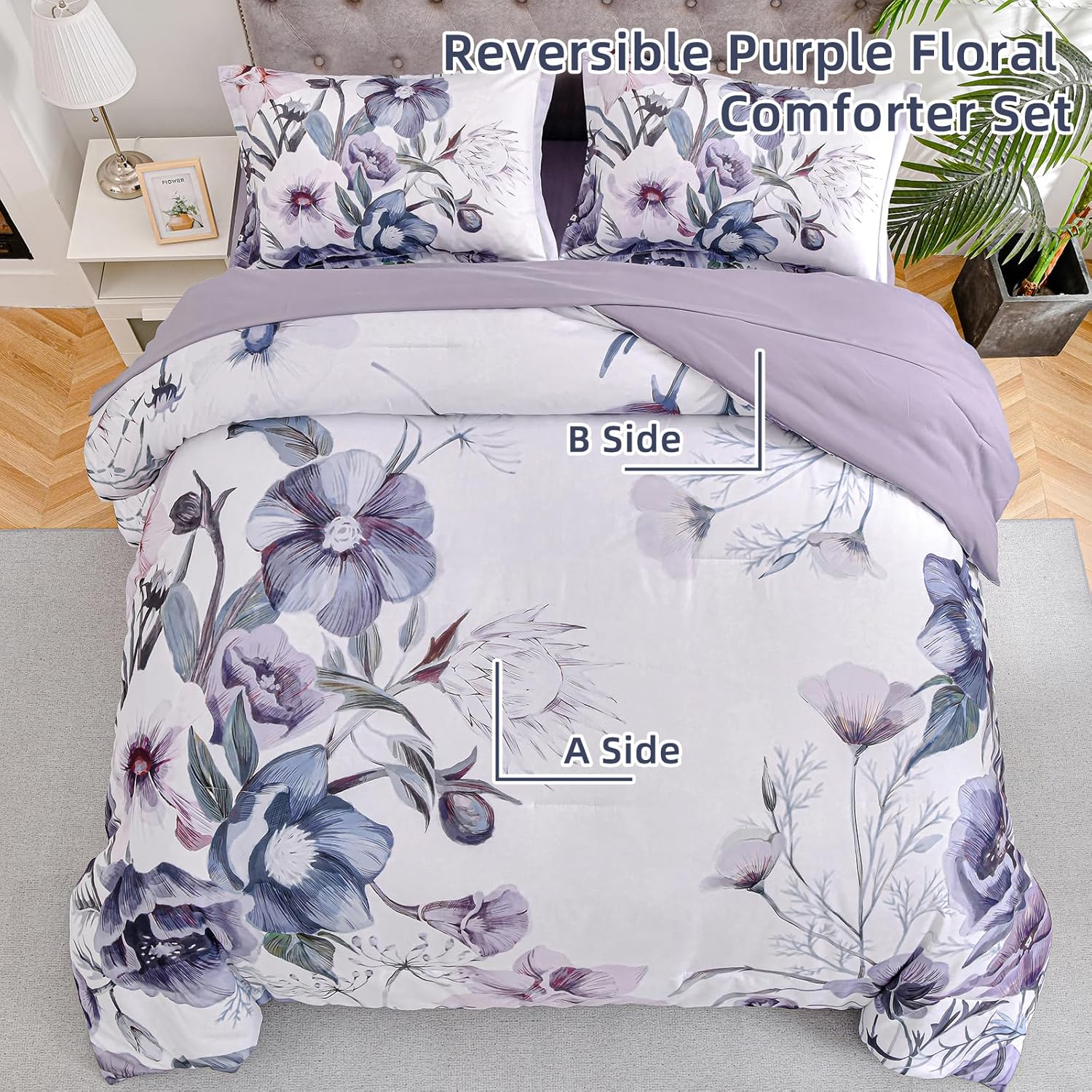 Premium Purple Floral 3 Piece Microfiber Comforter Set - King