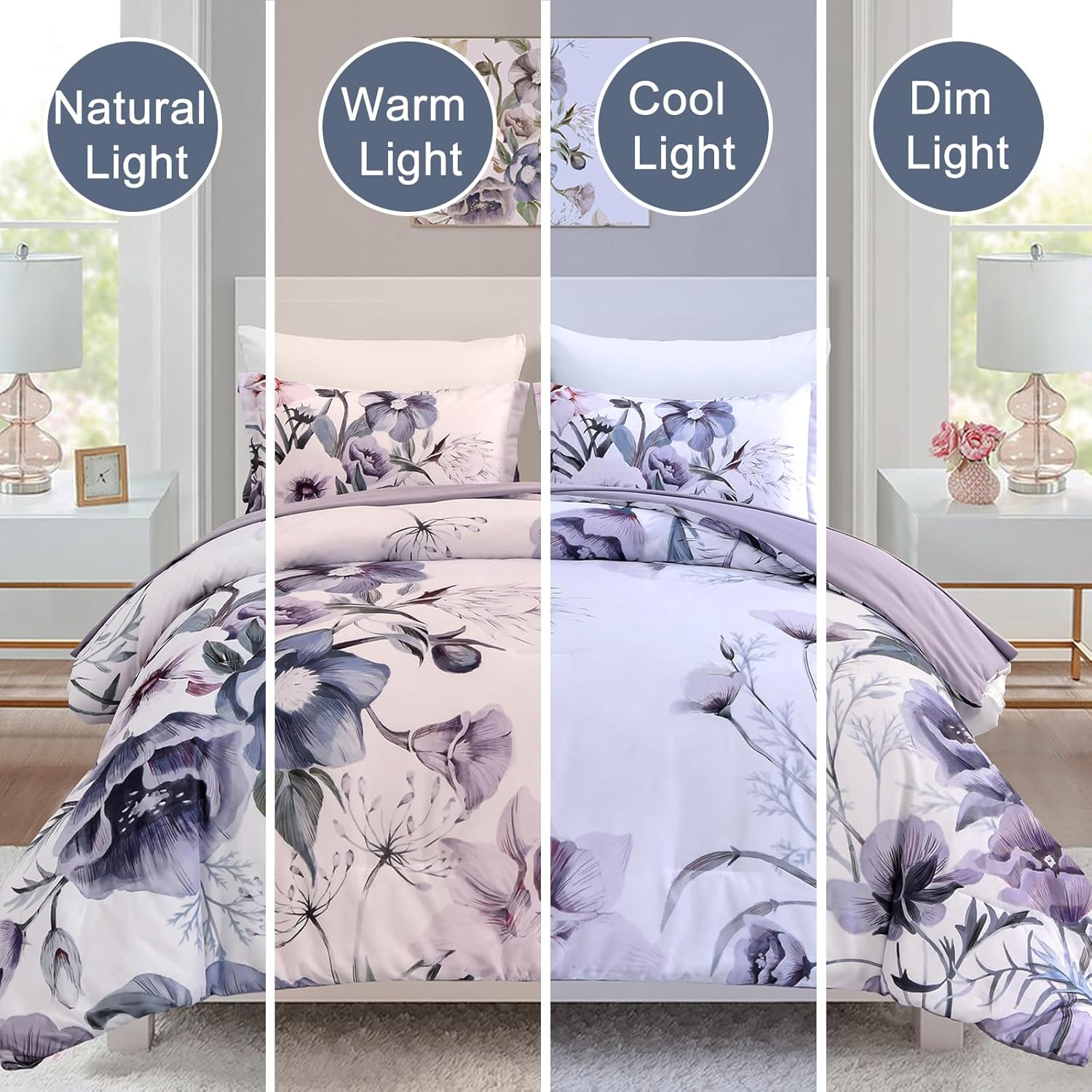 Premium Purple Floral 3 Piece Microfiber Comforter Set - King