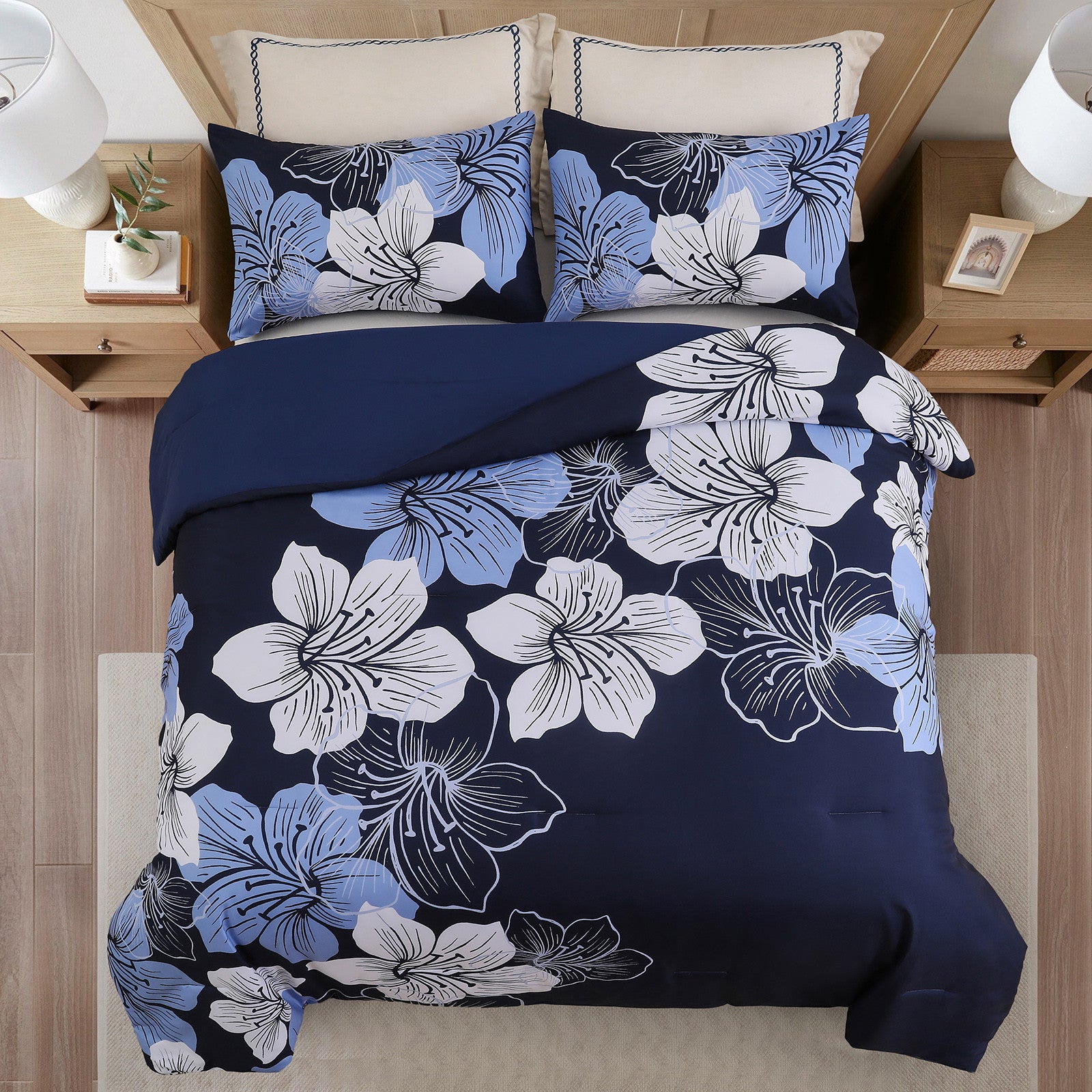Premium Navy Blue Floral 3 Piece Microfiber Comforter Set - King