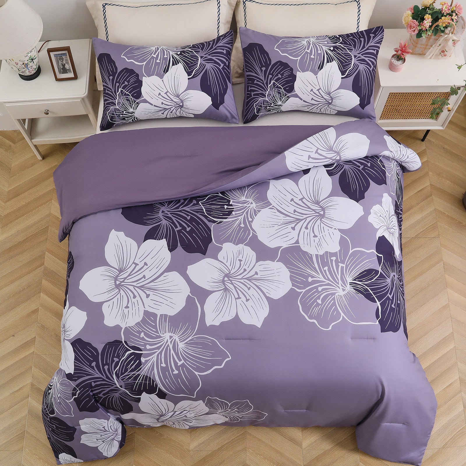 Premium Dark Purple Floral 3 Piece Microfiber Comforter Set - King