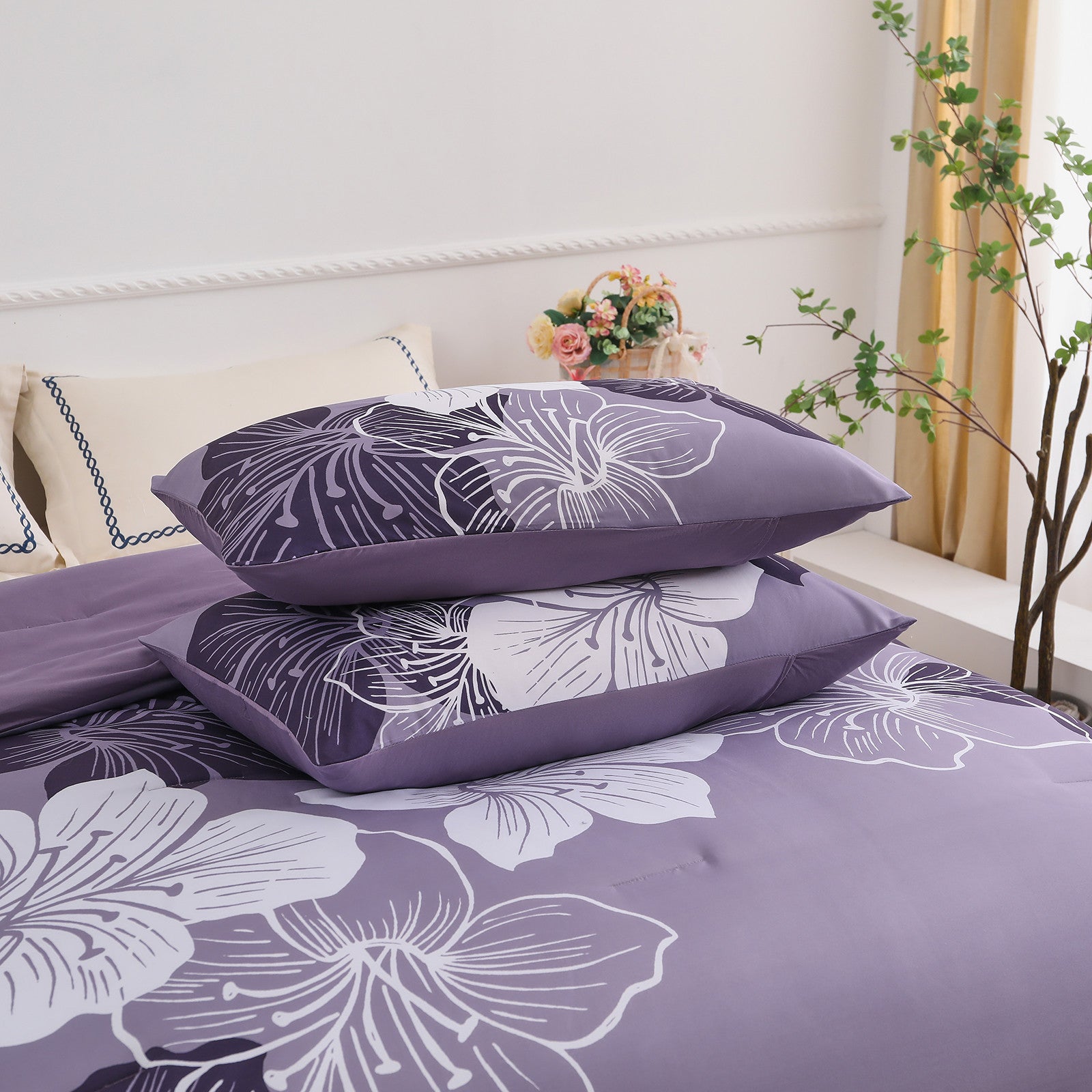 Premium Dark Purple Floral 3 Piece Microfiber Comforter Set - King