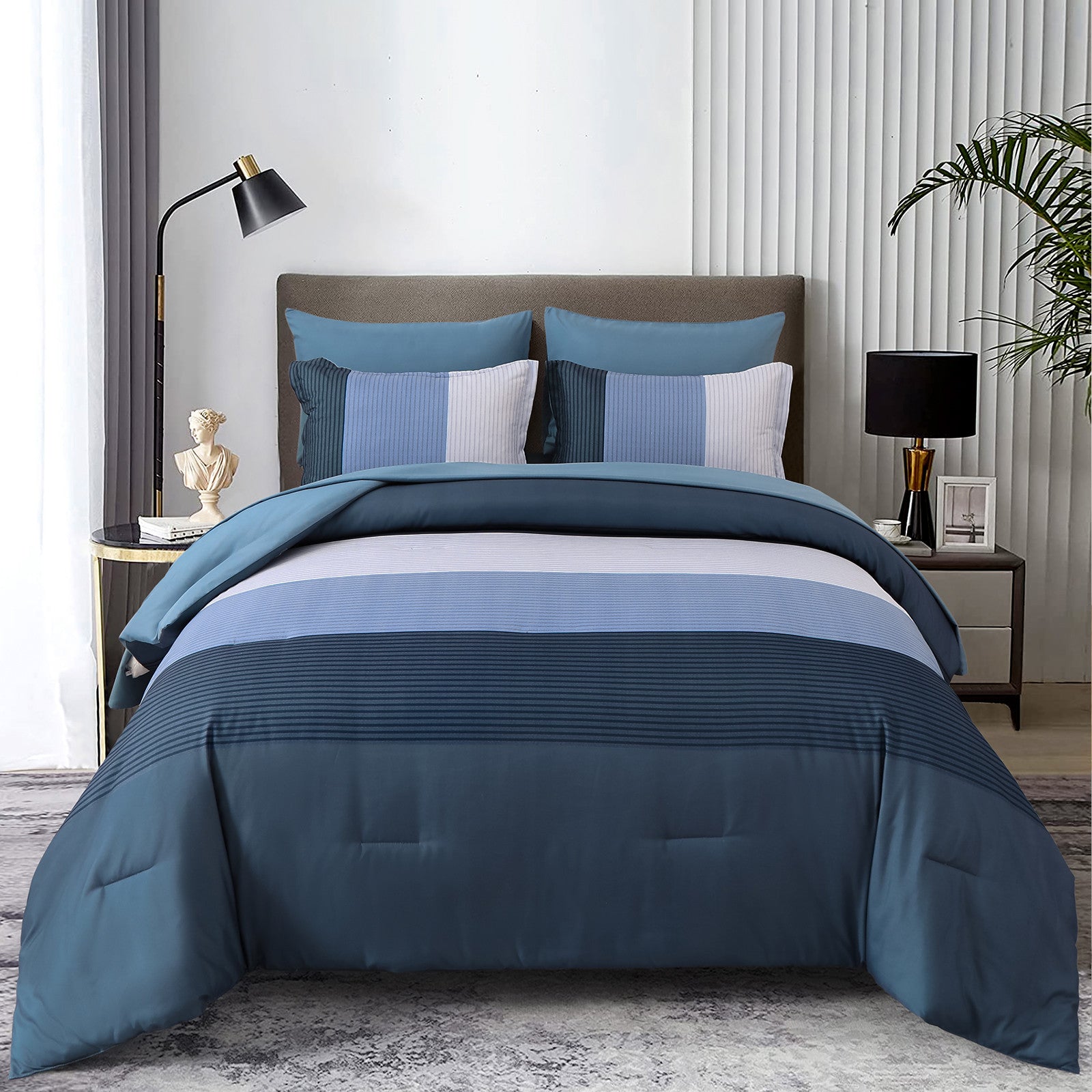 Premium Navy Blue Striped 3 Piece Microfiber Comforter Set - King