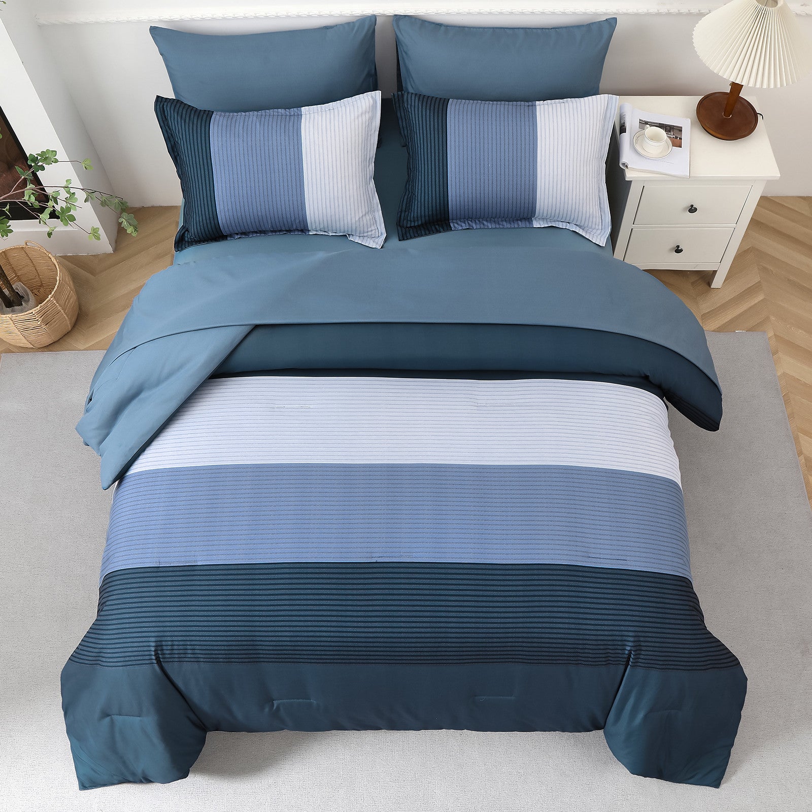 Premium Navy Blue Striped 3 Piece Microfiber Comforter Set - King
