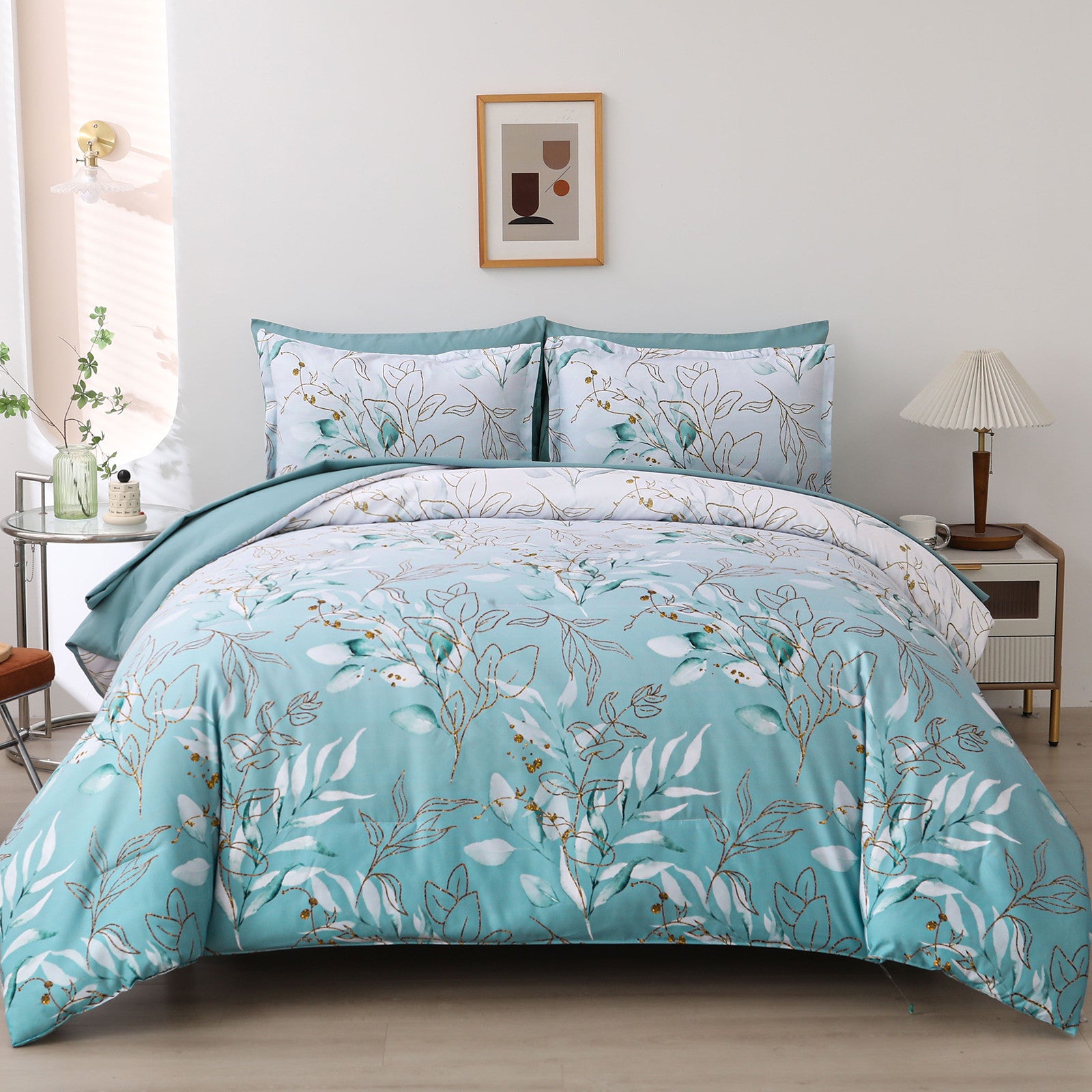 Premium Soft Floral Leaf 3 Piece Microfiber Comforter Set - King