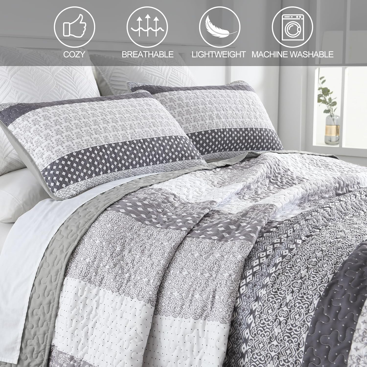 3-Piece Quilt Bedspread Set Queen Size Lightweight Reversible Polyester - SuperSaverAU - view 2