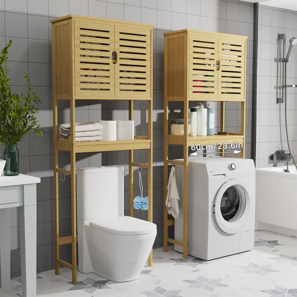 4 Tier Bamboo Over Toilet Bathroom Storage Rack with Cabinet Doors and Shelves