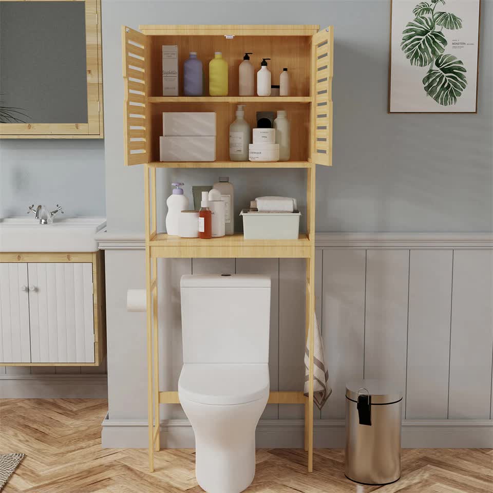 4 Tier Bamboo Over Toilet Bathroom Storage Rack with Cabinet Doors and Shelves