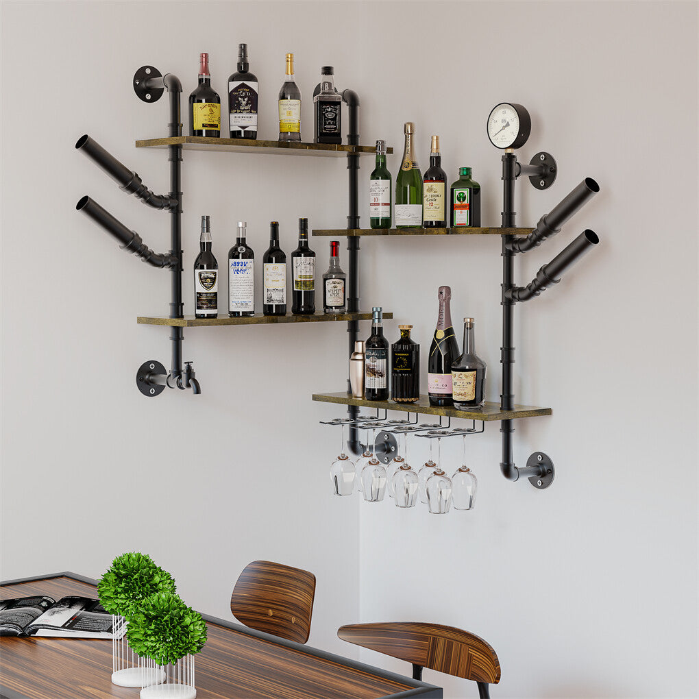 Premium Industrial Pipe Wine Rack Floating Shelf with Glass Holder