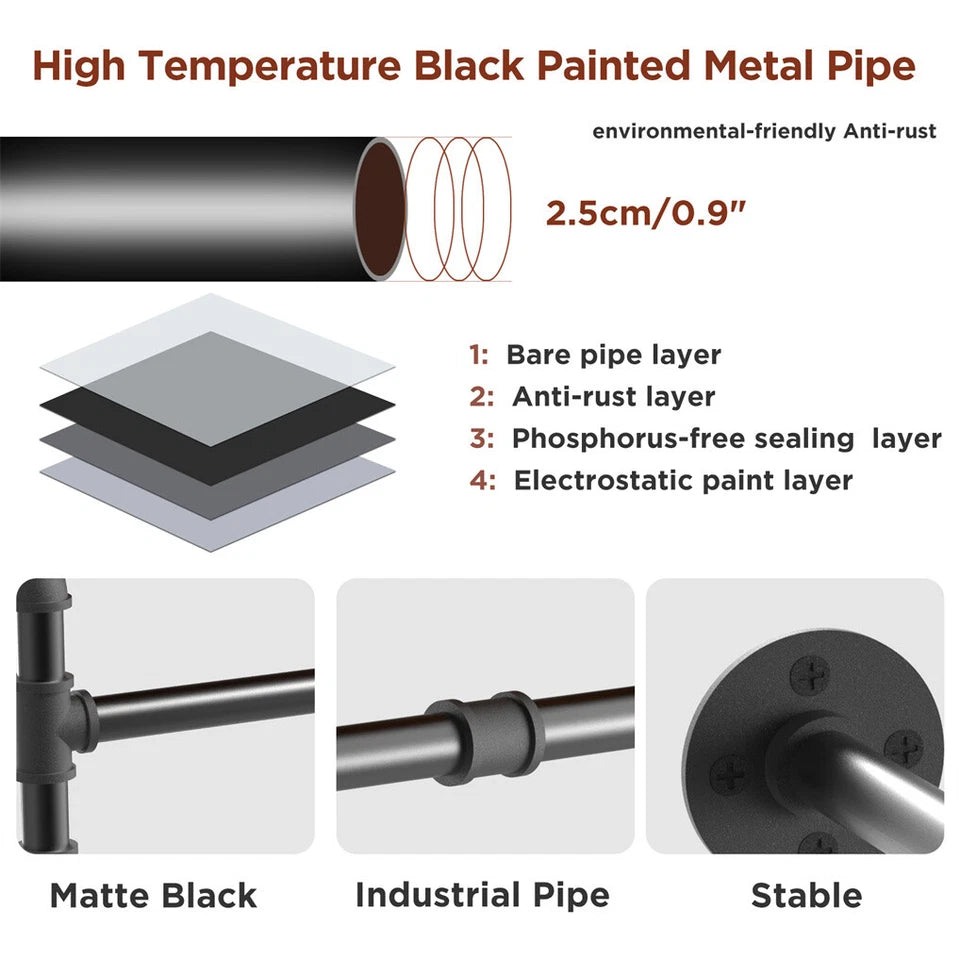 Premium Wall-Mounted Clothes Rack – Black Adjustable Iron Pipe 90-180cm