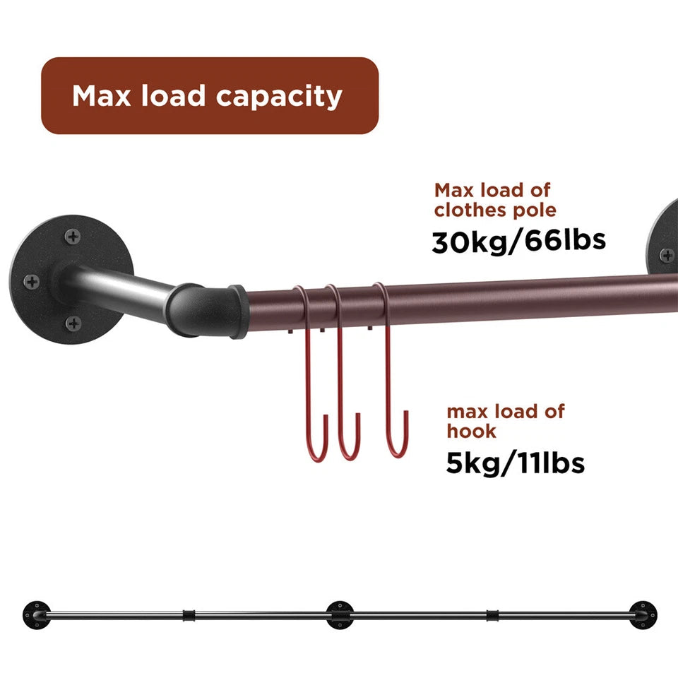 Premium Wall-Mounted Clothes Rack – Black Adjustable Iron Pipe 90-180cm