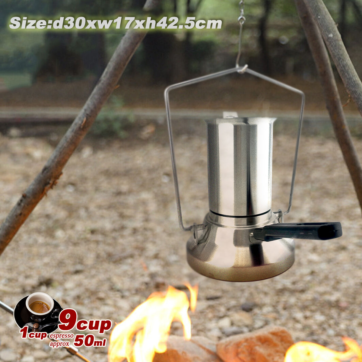 Premium 2 in 1 Stainless Steel Camping Moka Pot 9 Cup 600ml Kettle