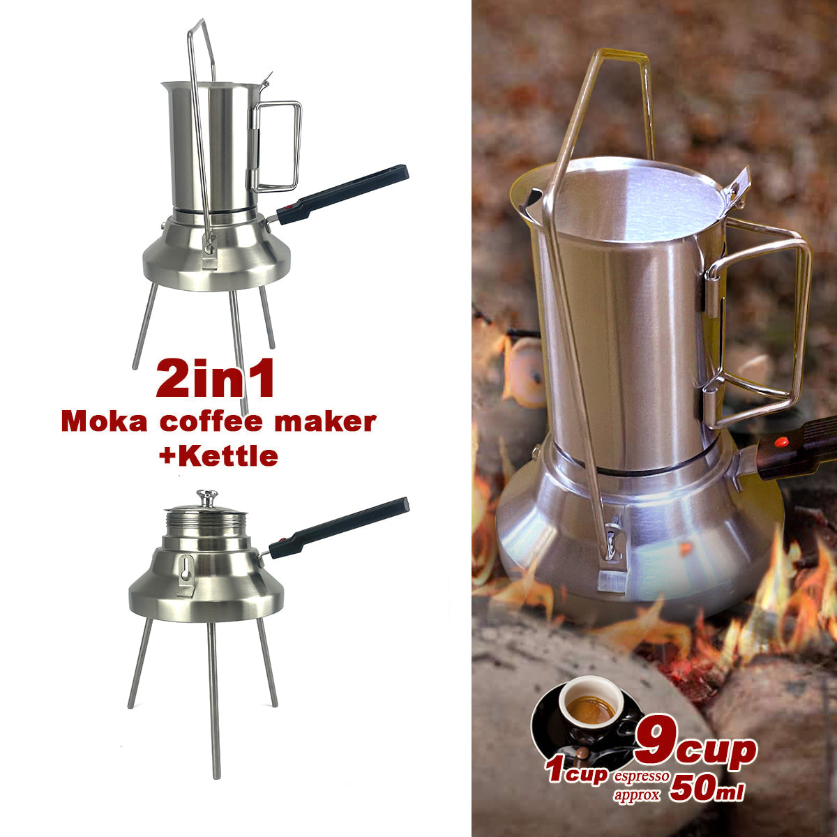 Premium 2 in 1 Stainless Steel Camping Moka Pot 9 Cup 600ml Kettle