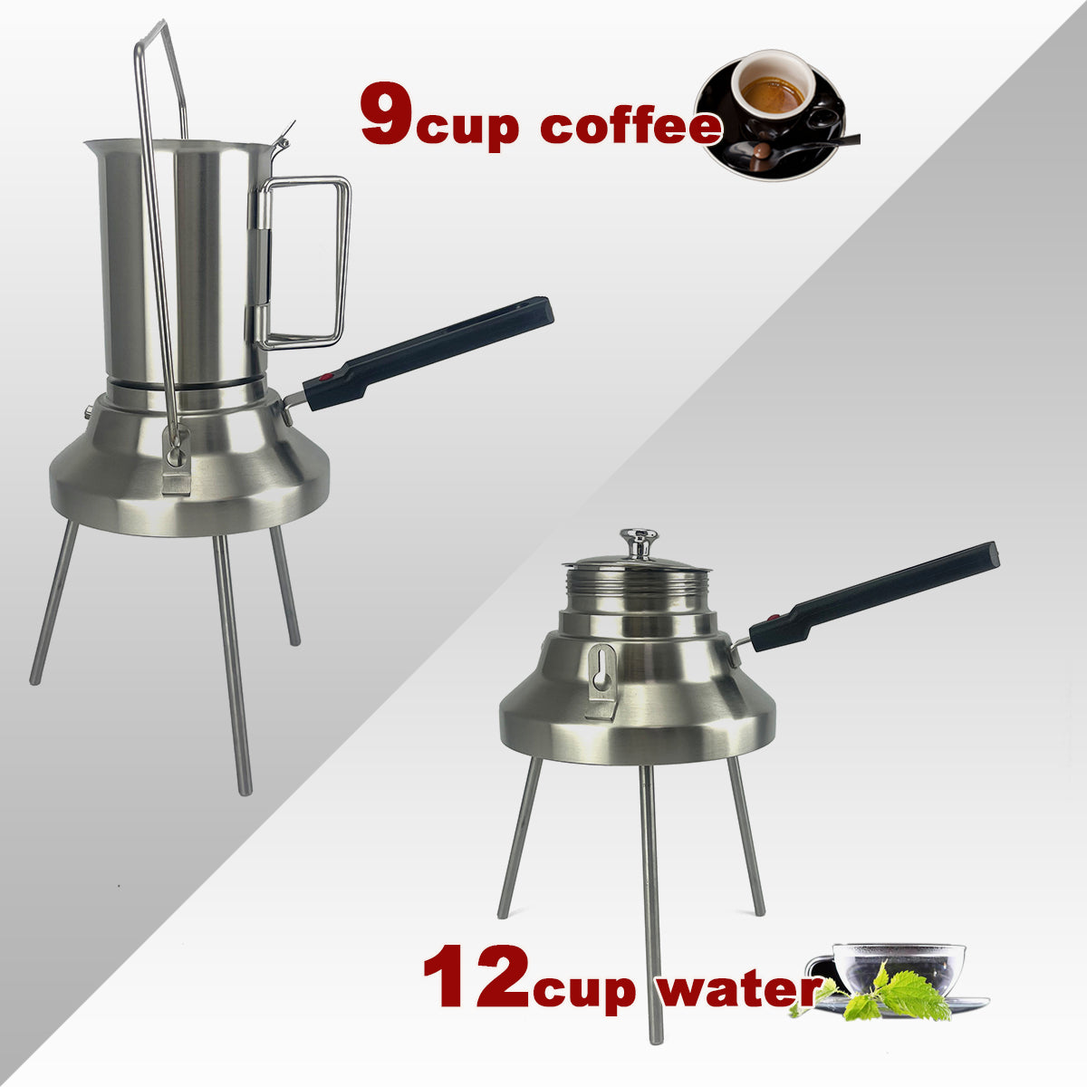 Premium 2 in 1 Stainless Steel Camping Moka Pot 9 Cup 600ml Kettle