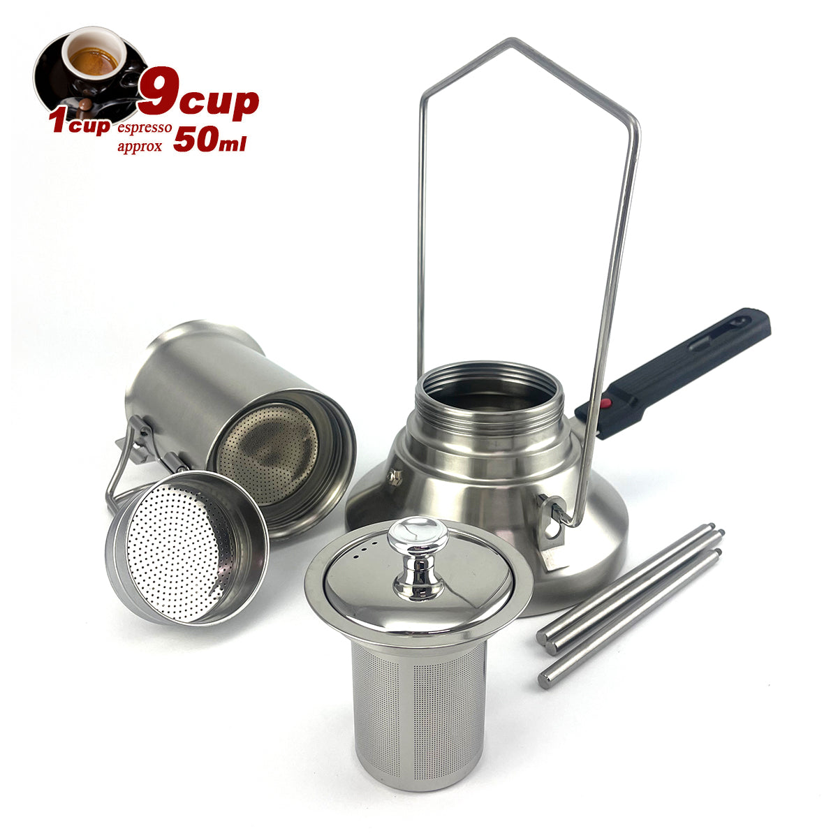 Premium 2 in 1 Stainless Steel Camping Moka Pot 9 Cup 600ml Kettle