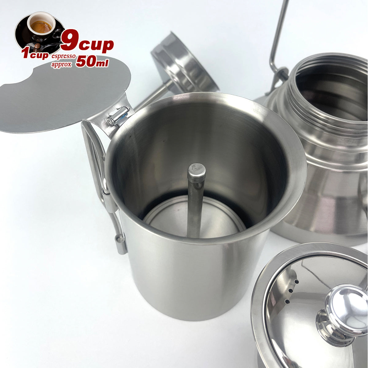 Premium 2 in 1 Stainless Steel Camping Moka Pot 9 Cup 600ml Kettle