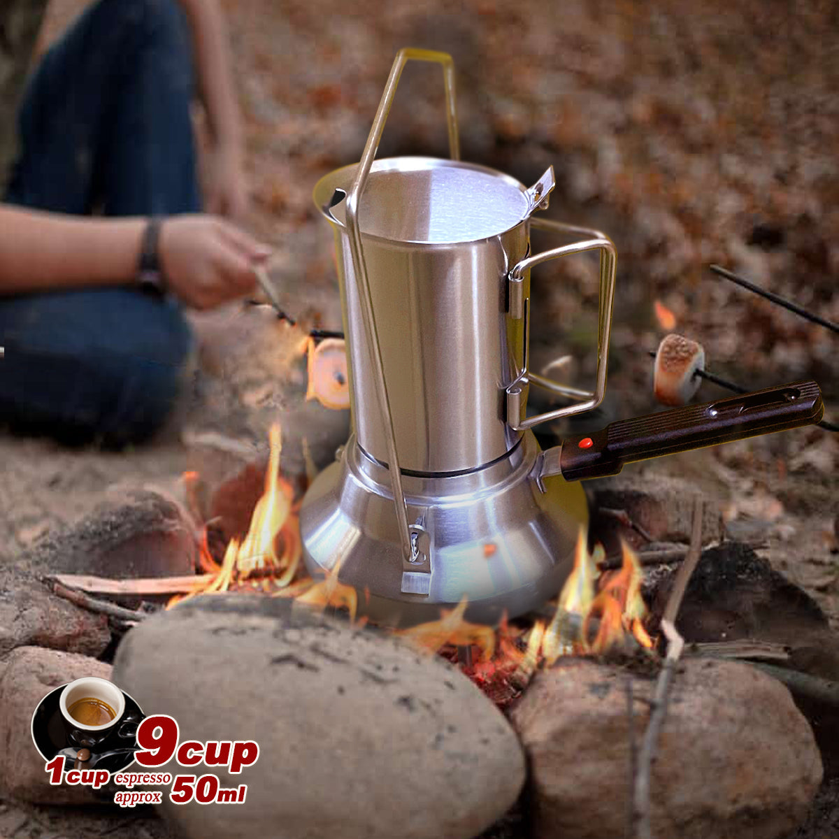 Premium 2 in 1 Stainless Steel Camping Moka Pot 9 Cup 600ml Kettle