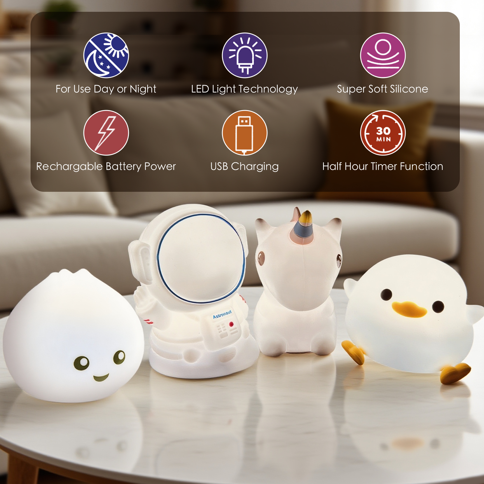 Squishy Unicorn Night Light - 14x8x8 cm, Rechargeable, 8 Colors, Soft Silicone - SuperSaverAU - view 3