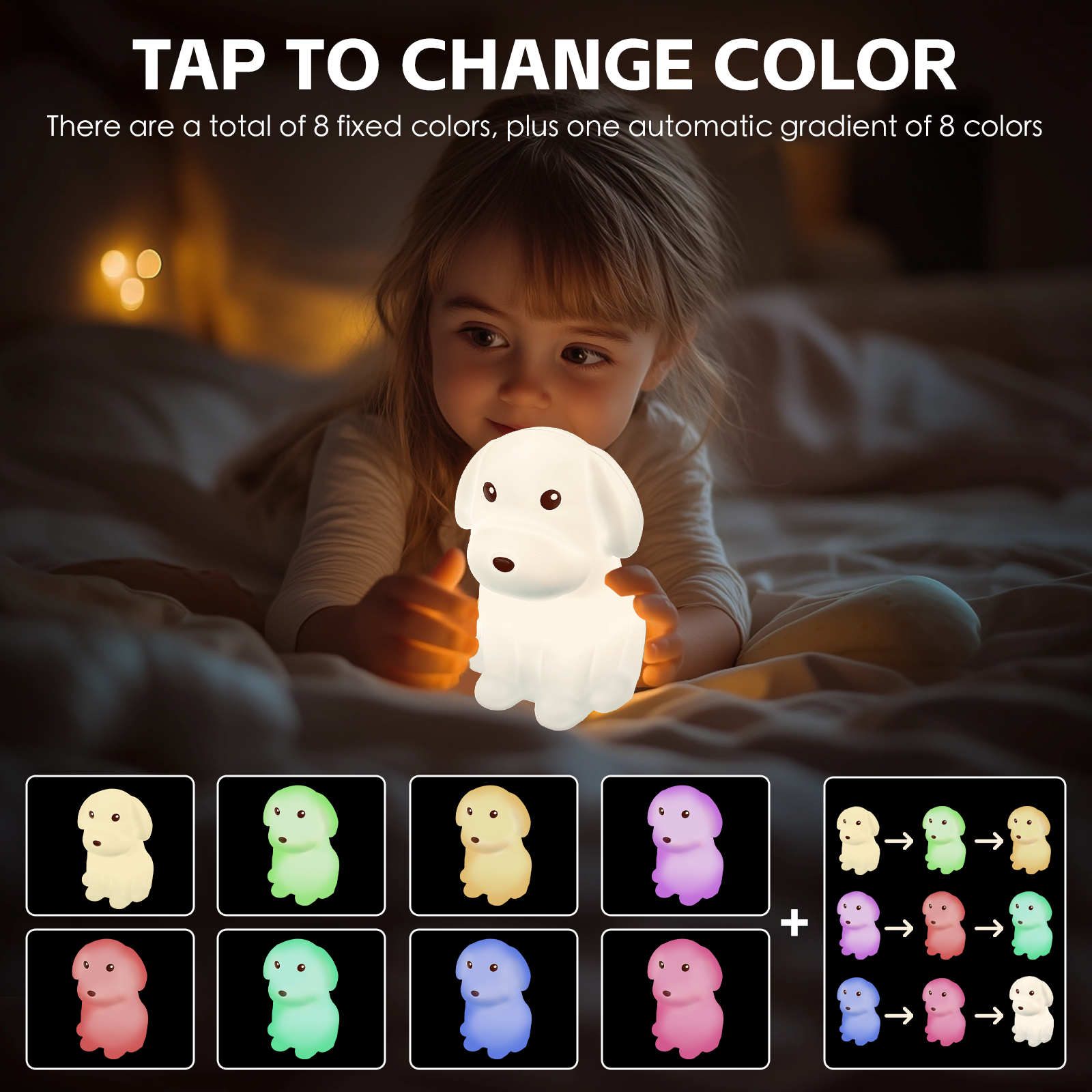 Premium Squishy Dog Night Light – USB Rechargeable with Tap Colour Change