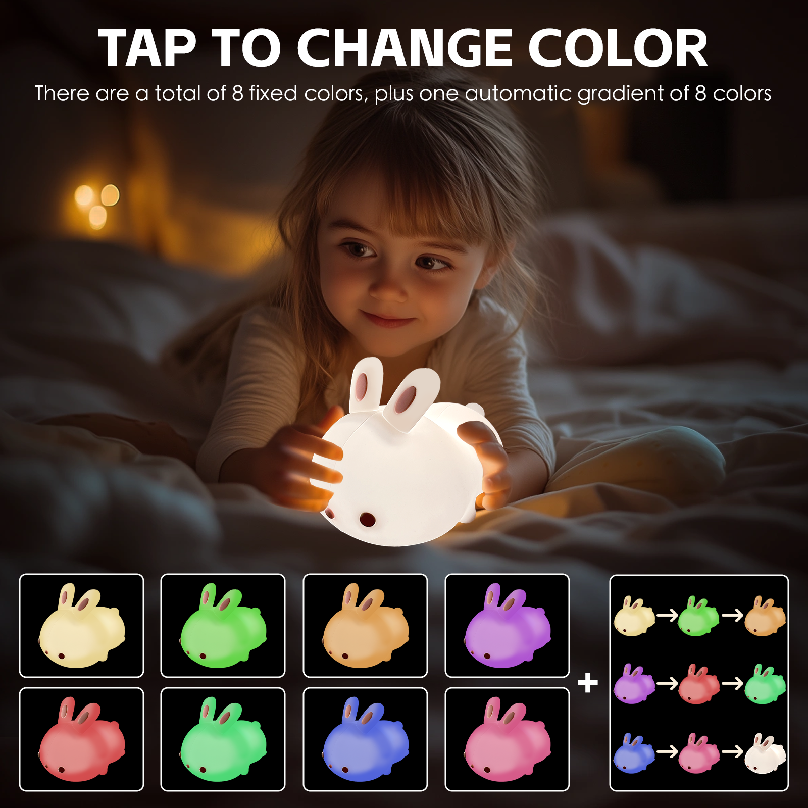 Squishy Cute Bunny Rechargeable Silicone Night Light for Kids Bedroom Nursery