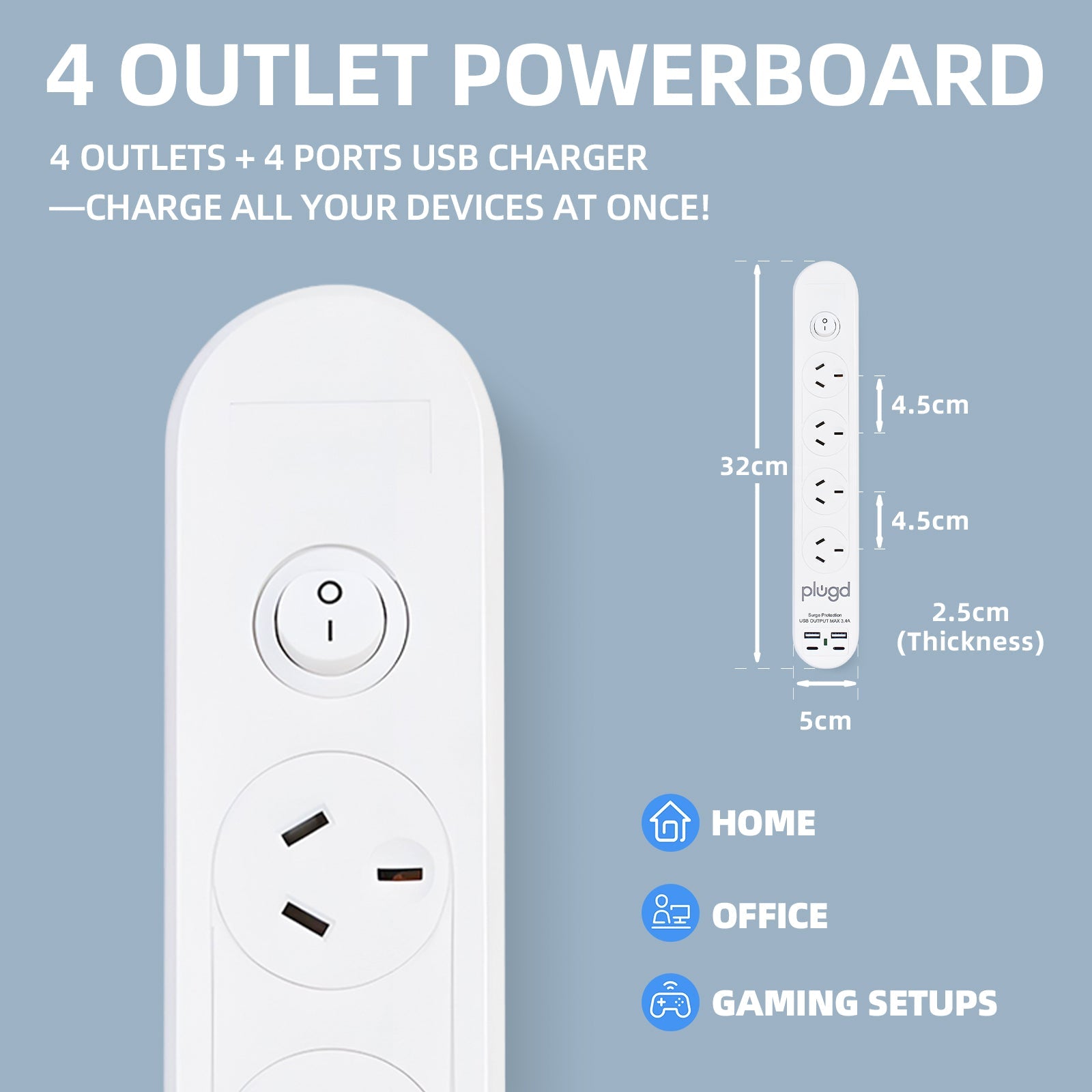 Plugd 4-Outlets Powerboard with 4 USB Ports & Surge Protection - SuperSaverAU - view 4