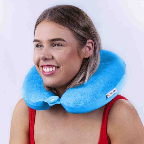 Premium Deluxe Memory Foam Travel Pillow – Blue with Snap Closure