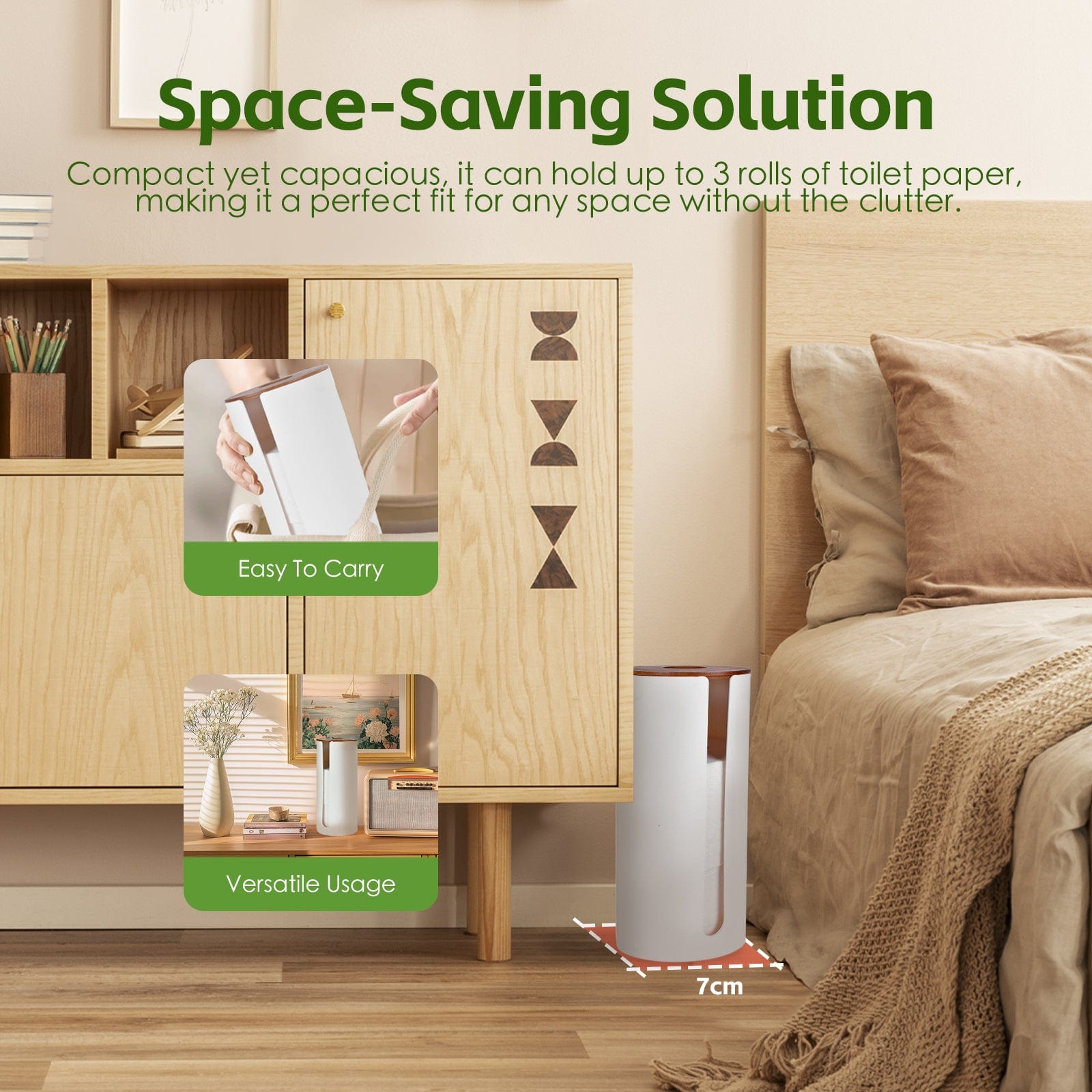 Bamboo Lid Toilet Roll Storage Holder - Eco-Friendly, 14 x 14 x 33cm - SuperSaverAU - view 3