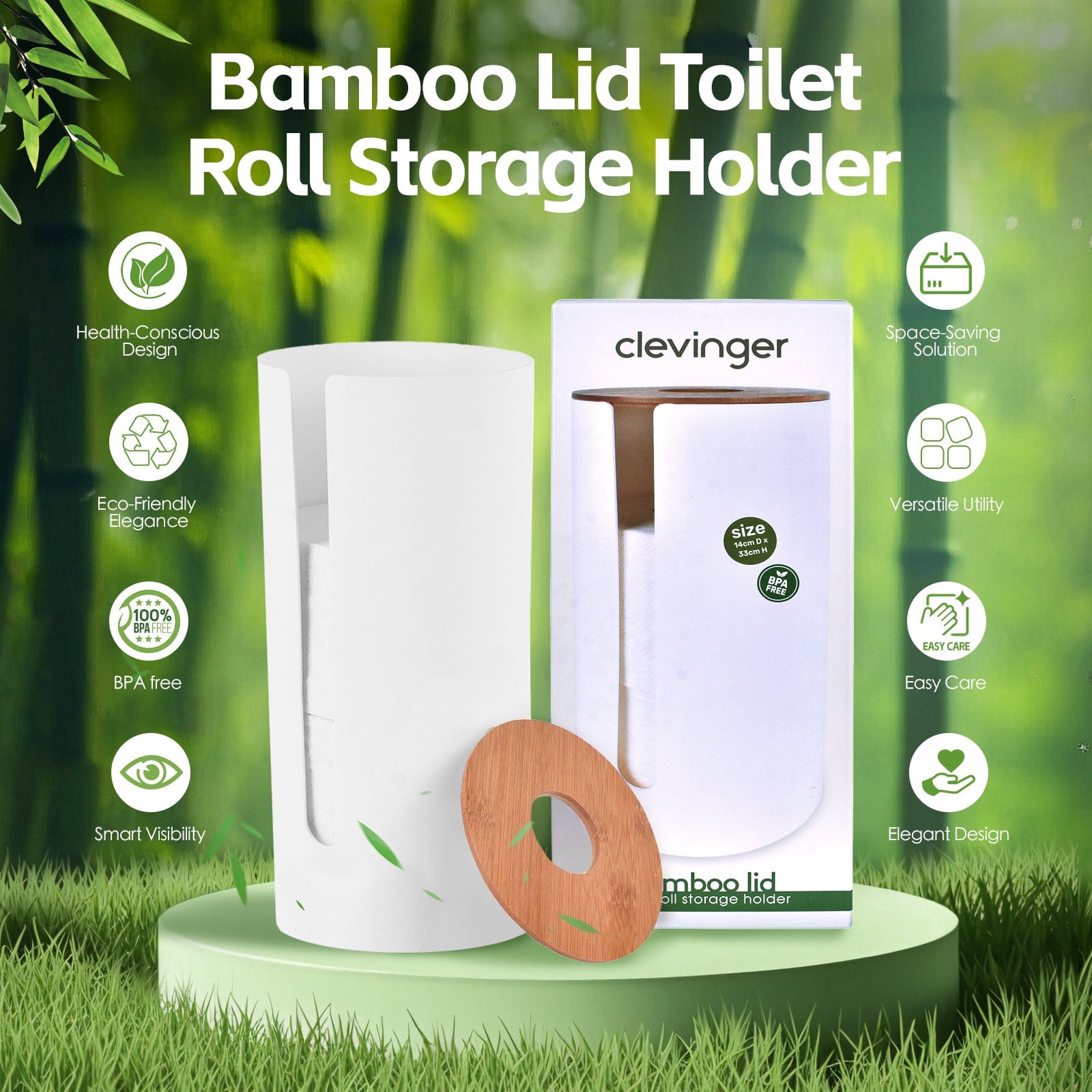 Premium Clevinger Bamboo Lid Toilet Roll Storage Holders - 2pcs