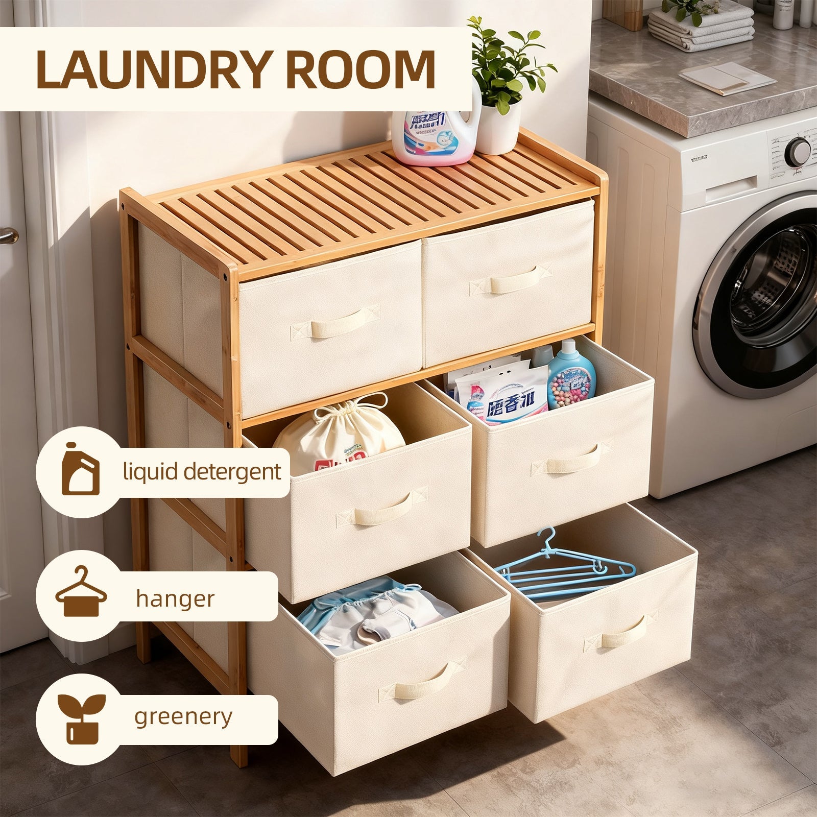 6 Drawer Bamboo Storage Chest with Fabric Drawers Bedroom Bathroom Organiser Cabinet