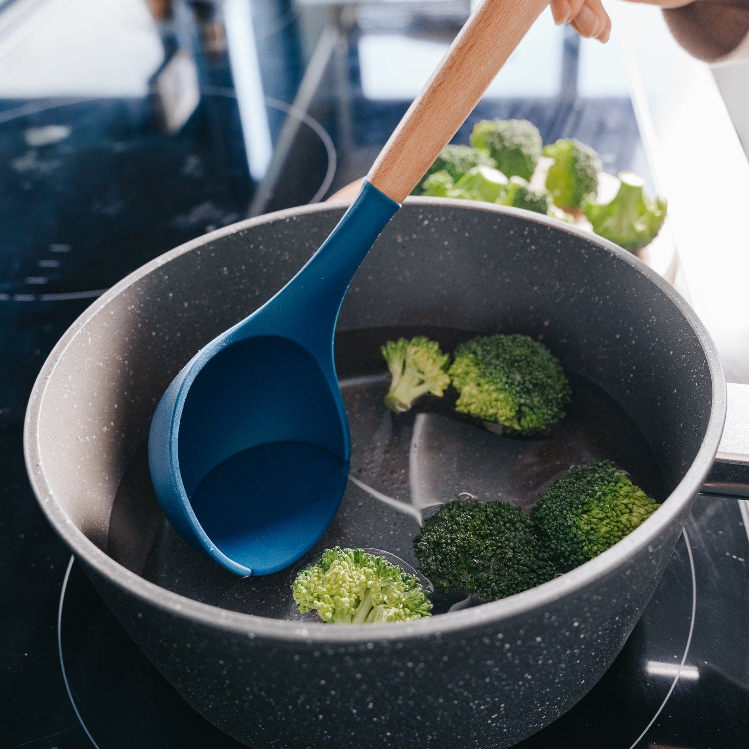 Navy Silicone Ladle with Beechwood Handle Heat Resistant Eco Friendly Kitchen Utensil